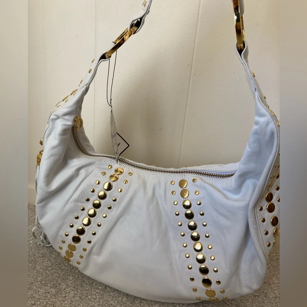 NWT ✨ Y2K Junior Drake White Leather Gold Studded Hobo Handbag Purse Bag